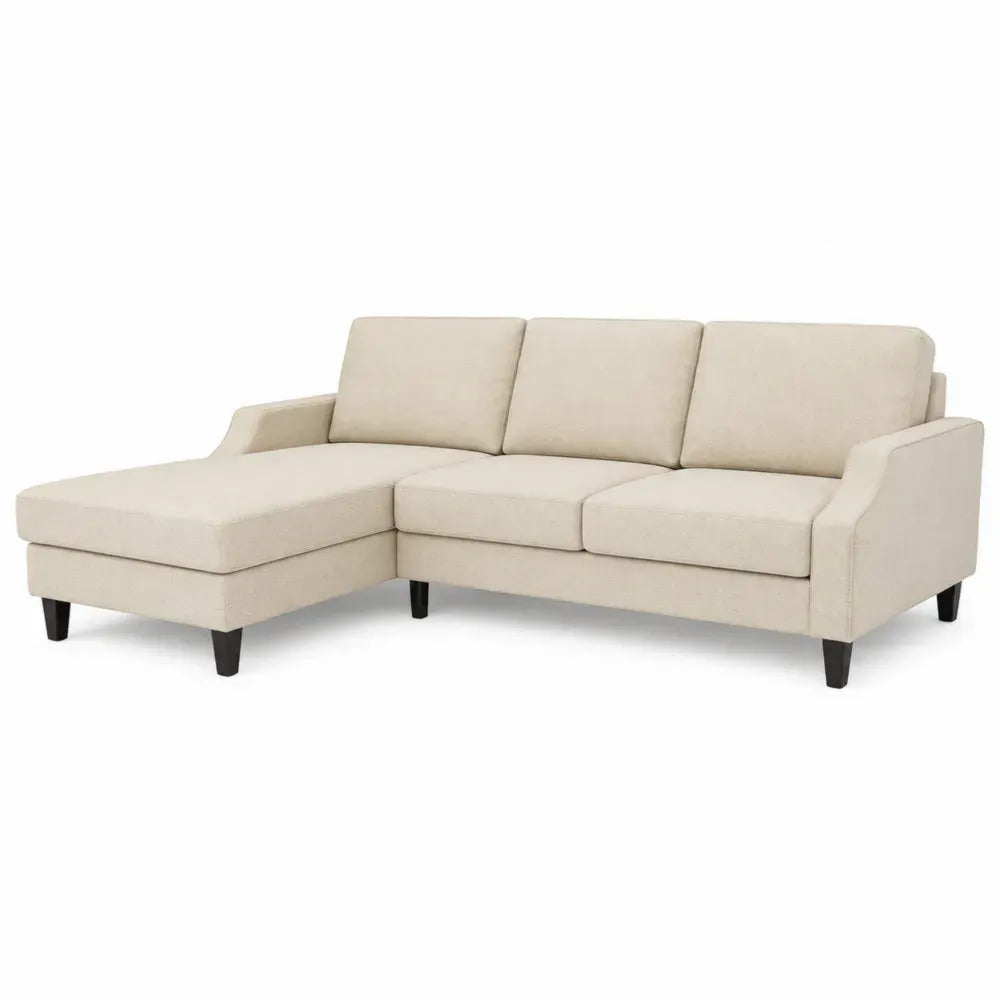 Ecksofa L-Form 3-Sitzer mit Ottomane links Polyestergewebe Kiefernholz Beige Schwarz 210 x 140 x 82 cm