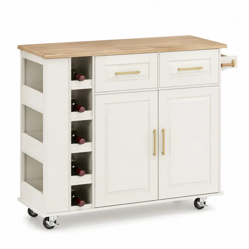 Küchenwagen Kücheninsel mit Rollen 120 x 45 x 90 cm Gummibaum-Massivholz MDF rechteckig Weiß Naturholz Messingfarben Schwarz