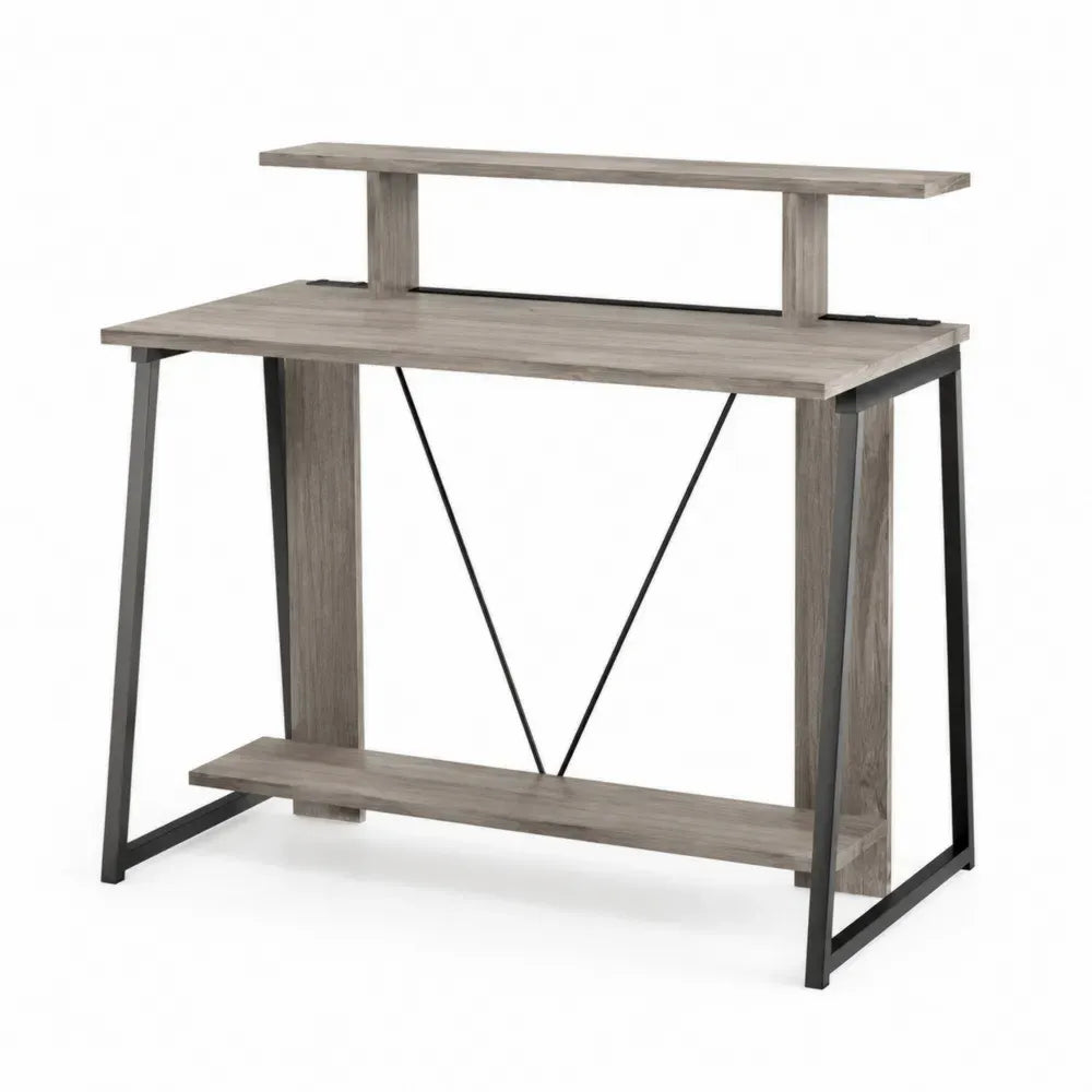 Schreibtisch mit Aufsatzregal Computertisch 120 x 60 x 120 cm melaminbeschichtete Spanplatte pulverbeschichteter Stahl rechteckig Eiche-Grau Schwarz