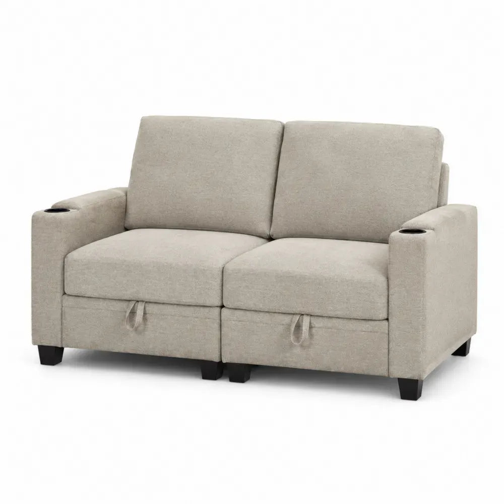 2-Sitzer Sofa mit Getränkehaltern Polyestergewebe rechteckig Beige Schwarz 165 x 90 x 94 cm