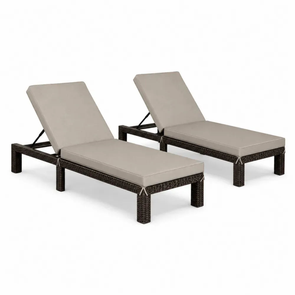 2er Set verstellbare Gartenliegen aus PE-Rattan mit Stahlrahmen und Polyesterauflagen Dunkelbraun Beige je 198 x 65 x 85 cm