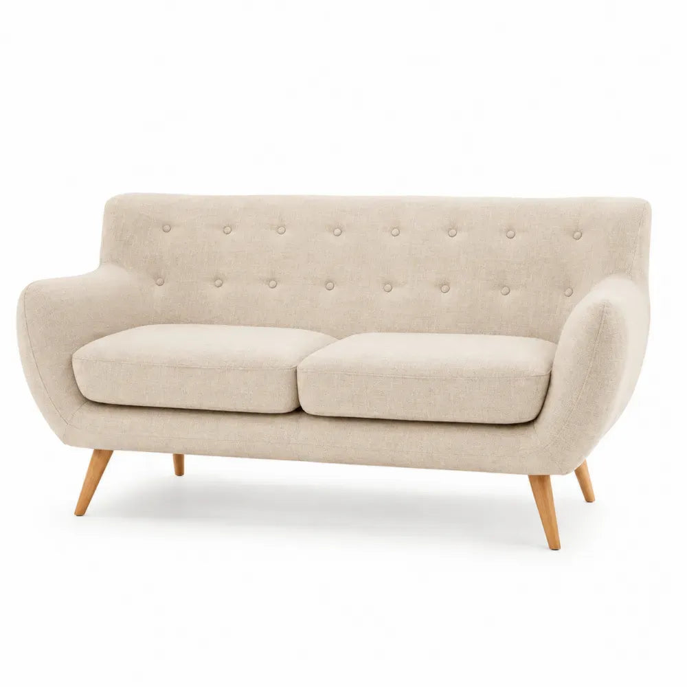 2-Sitzer Sofa mit Knopfheftung Polyestergewebe Kautschukbaumholz rechteckig Beige Natur 158 x 78 x 82 cm
