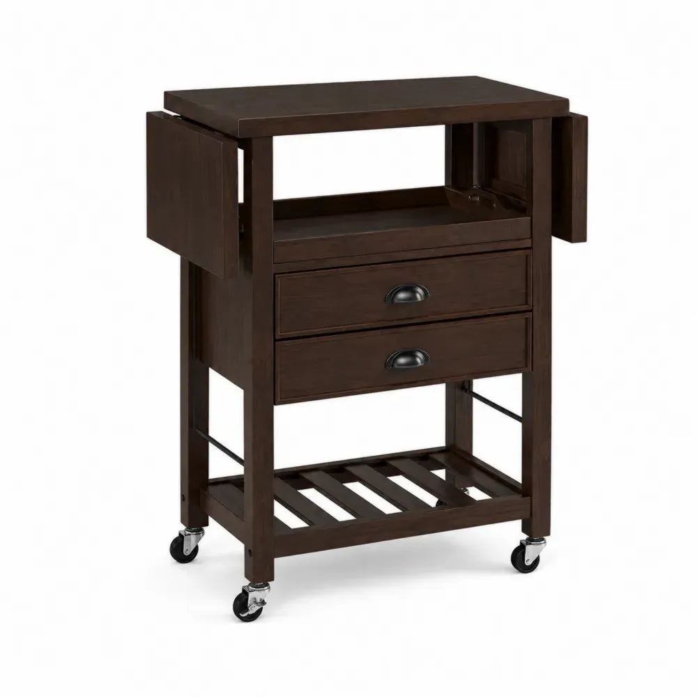 Küchenwagen Servierwagen mit Rollen 2 Schubladen und Klappseiten 70 x 45 x 90 cm Kautschukholz MDF rechteckig Dunkelbraun Schwarz Silberfarben