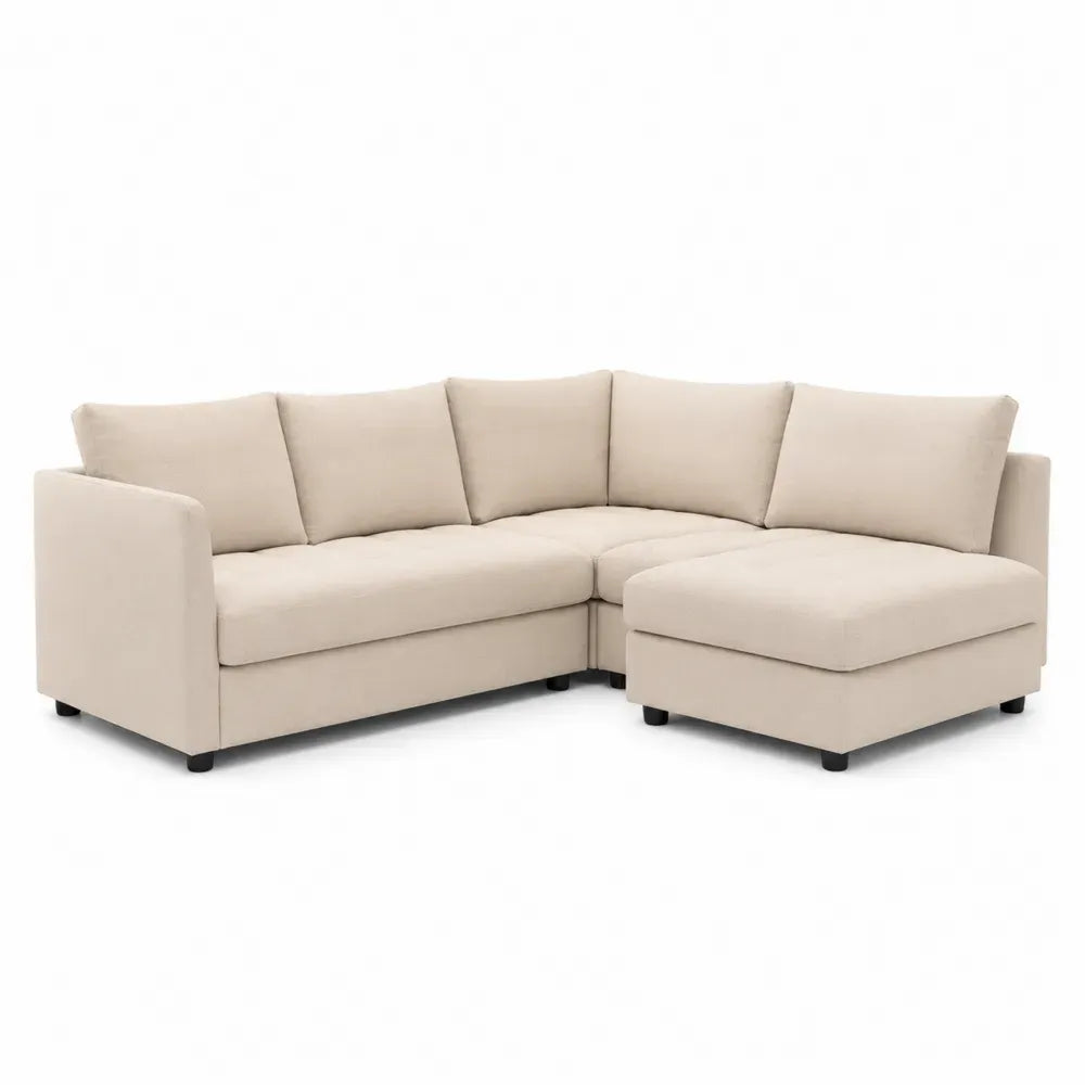 Ecksofa 4-Sitzer mit Recamiere rechts Polyestergewebe Kiefernholz L-förmig Beige Schwarz 252 x 185 x 84 cm
