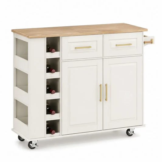 Küchenwagen Kücheninsel mit Rollen 120 x 45 x 90 cm Gummibaum-Massivholz MDF rechteckig Weiß Naturholz Messingfarben Schwarz