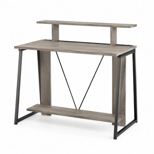 Schreibtisch mit Aufsatzregal Computertisch 120 x 60 x 120 cm melaminbeschichtete Spanplatte pulverbeschichteter Stahl rechteckig Eiche-Grau Schwarz