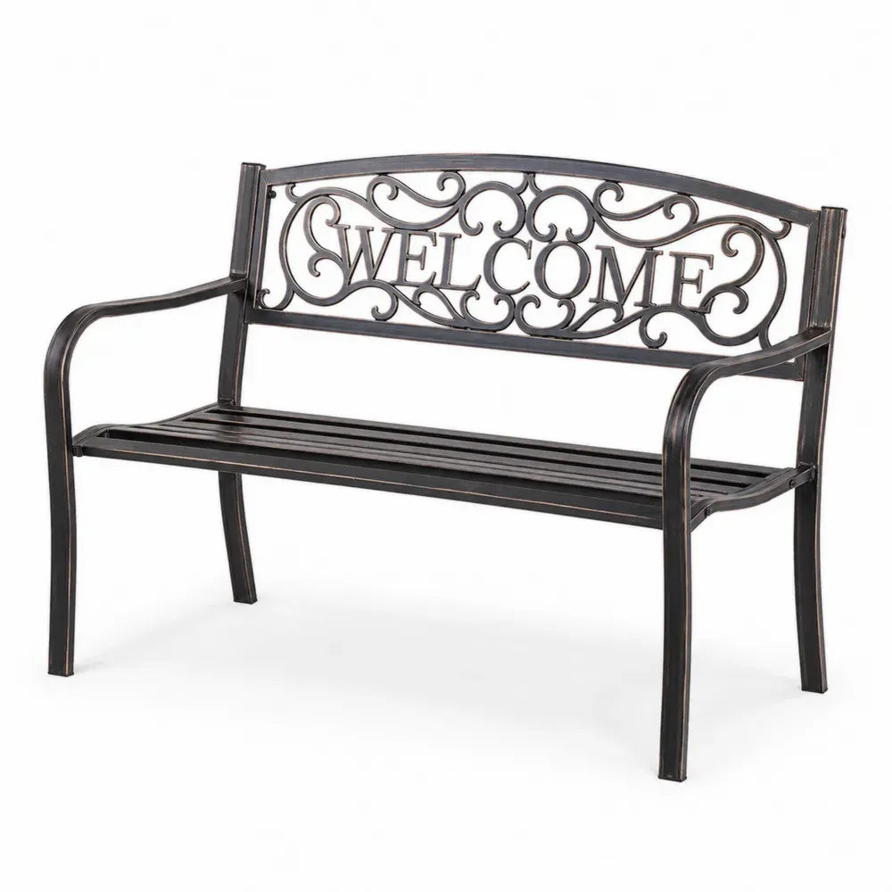 Gartenbank 2-Sitzer pulverbeschichteter Stahl rechteckig Schwarz Bronze mit Welcome Rückenlehne 125 x 53 x 89 cm