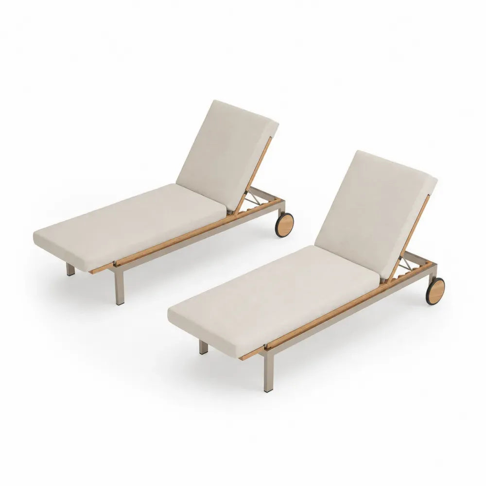 Gartenliege 2er Set Sonnenliege mit Rollen Aluminium Akazienholz Polyester rechteckig Creme Natur Taupe Schwarz je 200 x 70 x 92 cm