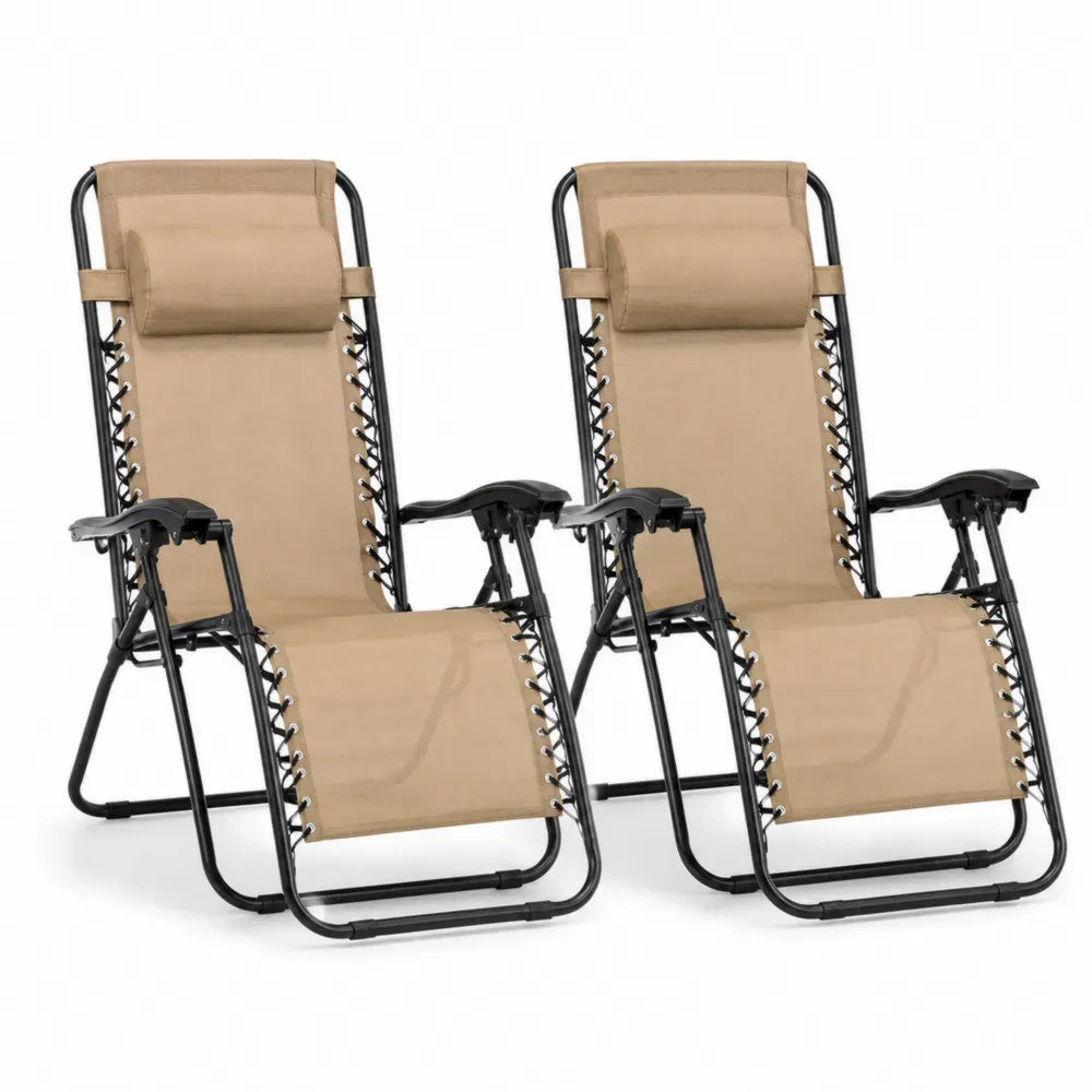 Relaxliege 2er Set klappbare Gartenliegen mit Stahlrohrrahmen PVC-beschichtetem Polyestergewebe Kopfkissen und Armlehnen Beige Schwarz 165 x 65 x 110 cm