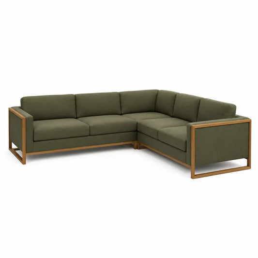 Ecksofa 4-Sitzer mit Recamiere rechts Polyestergewebe Gummibaum-Massivholz L-förmig Olivgrün Braun 270 x 210 x 82 cm