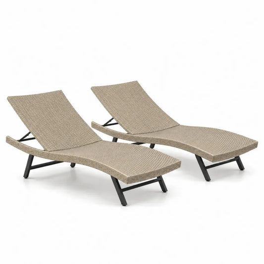 2er Set Gartenliegen Sonnenliegen mit verstellbarer Rückenlehne je 195 x 68 x 86 cm PE-Rattan pulverbeschichteter Stahl geschwungen Naturbeige Schwarz
