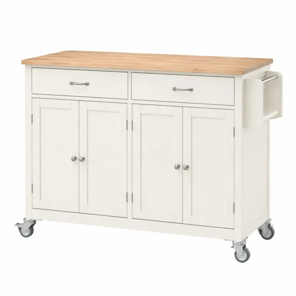 Küchenwagen Kücheninsel mit Rollen 2 Schubladen 4 Türen 120 x 50 x 90 cm Gummibaum-Massivholz MDF rechteckig Weiß Natur Silber Grau