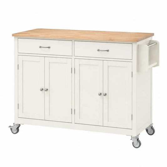 Küchenwagen Kücheninsel mit Rollen 2 Schubladen 4 Türen 120 x 50 x 90 cm Gummibaum-Massivholz MDF rechteckig Weiß Natur Silber Grau