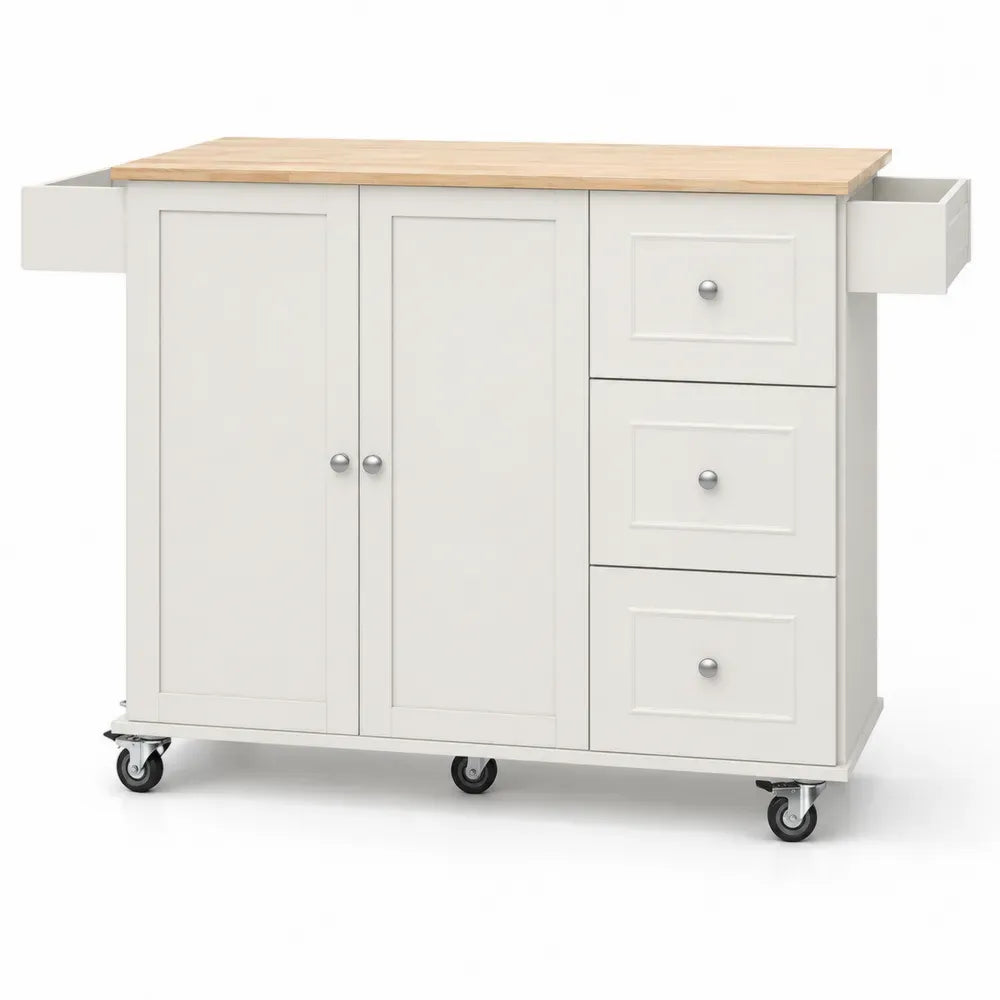 Küchenwagen mit Holzarbeitsplatte 2 Türen 3 Schubladen seitlichen Auszügen Rollen MDF Gummibaum-Massivholz Weiß Natur Silberfarben Schwarz 120 x 45 x 90 cm