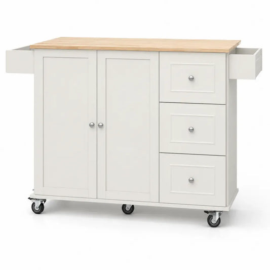 Küchenwagen mit Holzarbeitsplatte 2 Türen 3 Schubladen seitlichen Auszügen Rollen MDF Gummibaum-Massivholz Weiß Natur Silberfarben Schwarz 120 x 45 x 90 cm