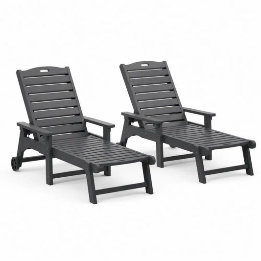 2er Set Gartenliegen Sonnenliegen mit verstellbarer Rückenlehne Rollen und Armlehnen je 195 x 68 x 88 cm HDPE-Polyethylen rechteckig Anthrazit Schwarz