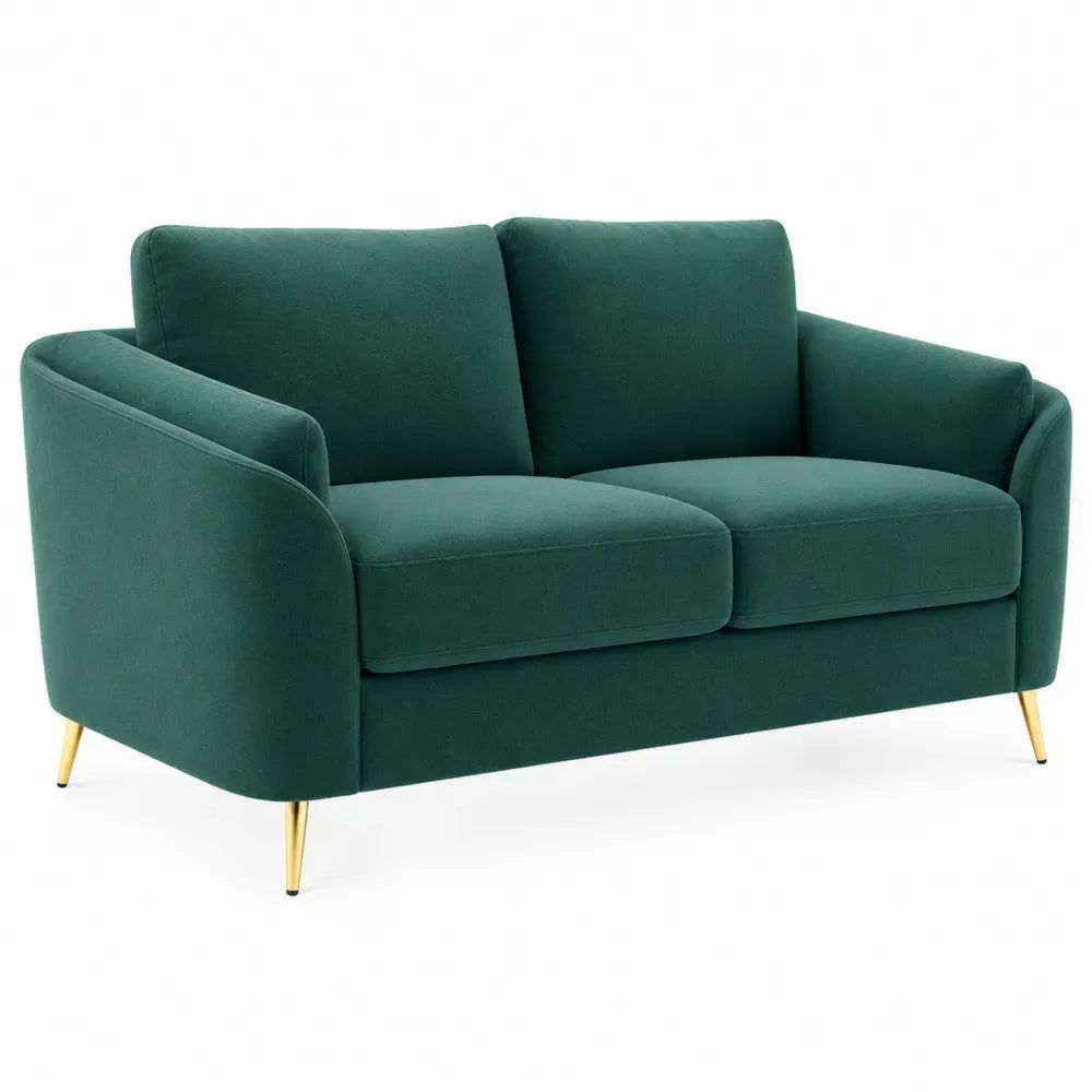 Sofa 2-Sitzer Couch mit Armlehnen Polyester-Samt Stahlbeine rechteckig Dunkelgrün Goldfarben 150 x 80 x 82 cm