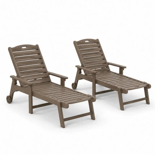2er Set Gartenliegen verstellbar aus PP-Kunststoff Taupebraun mit Rollen und Armlehnen je 195 x 72 x 95 cm