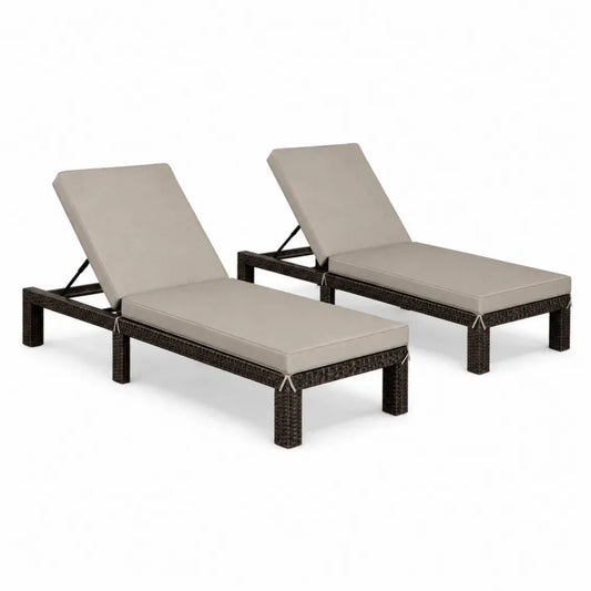 2er Set verstellbare Gartenliegen aus PE-Rattan mit Stahlrahmen und Polyesterauflagen Dunkelbraun Beige je 198 x 65 x 85 cm