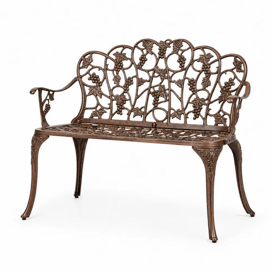 Gartenbank 2-Sitzer mit Rückenlehne und Armlehnen aus Aluminiumguss Bronzefarben Weinlaubmotiv 115 x 55 x 90 cm