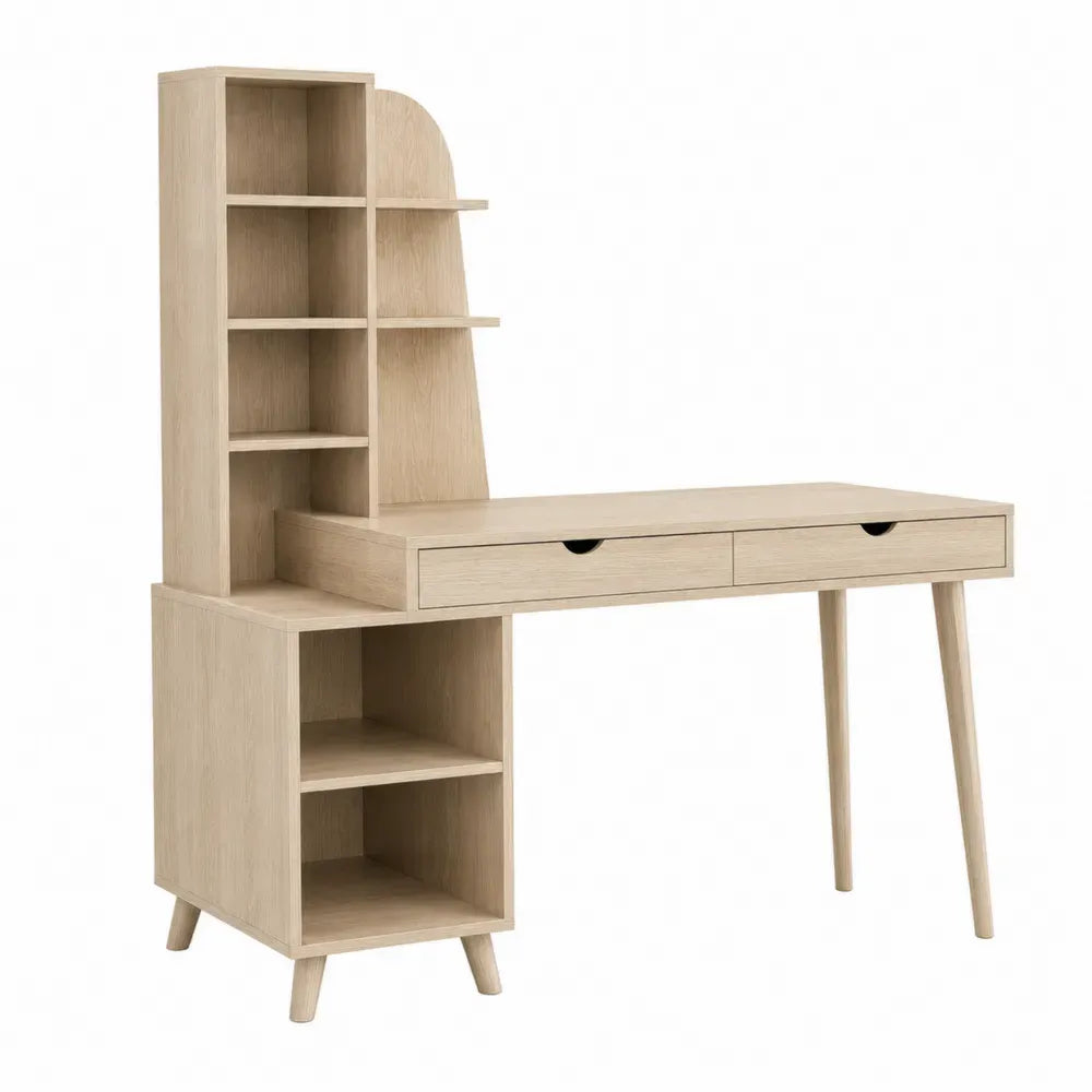 Schreibtisch mit Regal und 2 Schubladen rechteckig melaminbeschichtete Spanplatte Massivholz Eiche hell Schwarz 140 x 55 x 160 cm
