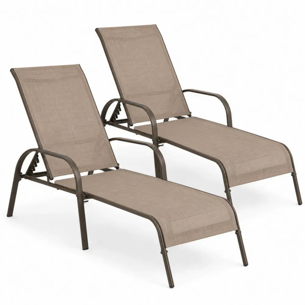 2er Set Sonnenliegen Gartenliegen mit verstellbarer Rückenlehne und Armlehnen 165 x 68 x 103 cm pulverbeschichteter Stahl PVC-beschichtetes Polyestergewebe Taupe Dunkelbraun Schwarz