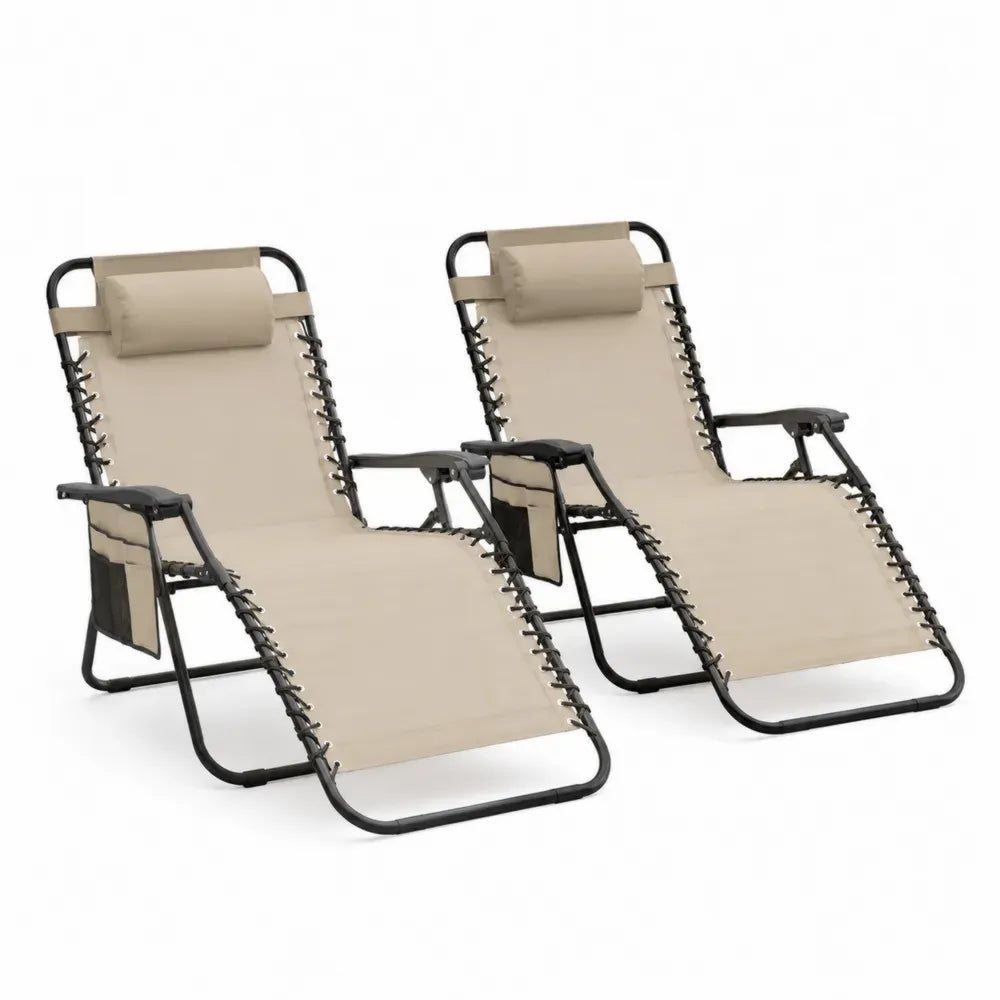 Relaxliegen 2er Set klappbar verstellbar Stahl Textilene rechteckig Beige Schwarz mit Nackenkissen Seitentasche 178 x 65 x 110 cm
